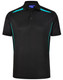 A black polo shirt with turquoise contrast panels and a three-button collar, featuring a logo on the chest. A black polo shirt with turquoise contrast panels and a three-button collar, featuring a logo on the chest.