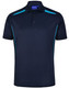 Men's sustainable poly/cotton polo shirt in navy blue with contrasting turquoise panel accents. Features a collar and button placket. Men's sustainable poly/cotton polo shirt in navy blue with contrasting turquoise panel accents. Features a collar and button placket.