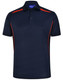 A navy polo shirt with contrasting red side panels and a collar. It features buttons and a logo. A navy polo shirt with contrasting red side panels and a collar. It features buttons and a logo.