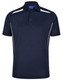 A navy blue sustainable poly/cotton polo shirt with white contrast stripes and a collar. It features a logo.