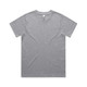 A plain grey T-shirt with short sleeves, featuring a tag inside the neckline and a logo on the hem.