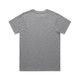 A grey t-shirt with short sleeves and a plain back, featuring a logo on the upper back.
