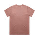 A plain, short-sleeved T-shirt in a muted pink hue, featuring a logo on the back.