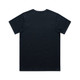 A black t-shirt featuring a simple design and a logo on the back.