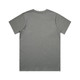 A grey T-shirt with a plain back, featuring a branding logo on the back neckline.