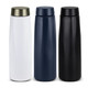 A drink bottle set featuring three 500ml bottles in white, navy blue, and black, with a sleek design and a logo.