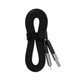 A black charging cable with a braided design and dual connectors, secured with a Velcro strap.