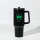 A drink bottle in black with a sturdy handle and a lid, featuring a logo in green.