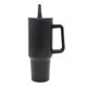 A drink bottle in matte black, featuring a handle and a spout, designed as a tumbler. It includes a logo.