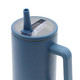 A drink bottle in blue with a clear lid and built-in straw, featuring a handle and branding.