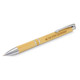 A bamboo pen with silver accents and a logo, showcasing a natural wooden finish.