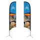 Two large concave feather banners in blue and orange featuring a house image and a logo at the top.