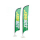 Two large concave feather banners, featuring a green colour with yellow text, standing upright on metal bases.