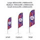 Medium angled feather banner in vibrant colours, measuring 70.4 x 300 cm, displayed alongside smaller and larger options.