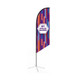 A medium angled feather banner in vibrant purple and orange patterns with a logo at the centre.