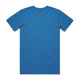 A blue T-shirt with short sleeves and a plain back, featuring a logo.