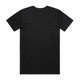 A black T-shirt featuring short sleeves and a plain back. The shirt has a logo on the label.