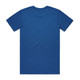 A blue T-shirt with short sleeves and a plain back, featuring a branding logo.