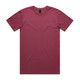 A maroon T-shirt with a round neck and short sleeves, featuring a logo in the neckline area.