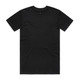 A plain black T-shirt with a round neck and short sleeves. It features a logo on the label.