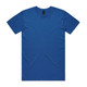 A blue t-shirt displayed flat, featuring a simple design and a logo at the neckline.