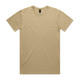 A beige t-shirt with a round neck and short sleeves, featuring a logo on the label.