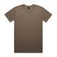 A plain brown T-shirt with a round neck and short sleeves, featuring a brand logo on the label.