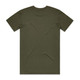 An olive green t-shirt with a plain back and short sleeves, featuring a logo.