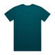 A teal T-shirt with a plain back, featuring a logo at the neckline.