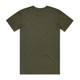A plain olive green t-shirt with a crew neckline and short sleeves, featuring a logo on the back.