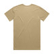 A plain beige t-shirt featuring a crew neck and short sleeves, with a logo on the back.