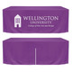 A fitted purple table cloth with a zipper back, featuring a logo on the front.