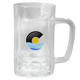 A glass beer mug with a clear design, featuring a logo with a sun and waves in blue and yellow hues.