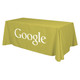 A green 3-sided throw tablecloth for a 6ft table, featuring a logo.