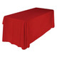 A red, three-sided throw tablecloth designed for a 6ft table, featuring a draped style.