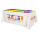 A 3-sided throw table cloth in white with a multicoloured geometric design and a logo. Suitable for a 4ft table.