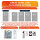 An assortment of custom labels and eco-friendly packaging options displayed on a white background, including hangtags.