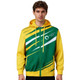 A men's track jacket in green and yellow, featuring a hoodie and a branded logo.