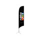 A black concave feather banner with a logo and colourful design, featuring a metal base for stability.
