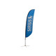 A convex feather banner featuring a blue design and a logo, with a black base for stability.