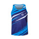 A blue and navy sublimated sports singlet featuring a dynamic design and a logo. Made from 100% polyester.