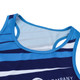 A blue and navy striped sports singlet featuring a round neckline and a logo on the front.