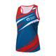 A blue and red sublimated sports singlet featuring a logo on the front and dynamic design elements.