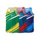 A collection of three polyester sublimated sports singlets in yellow, red, and blue with a branded logo on each.