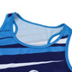 A sports singlet with blue and navy stripes, featuring a breathable design and a logo.
