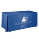 A blue tablecloth with pleated sides, featuring a logo and text promoting "Friends Helping Friends."