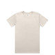 A beige basic t-shirt with short sleeves and a crew neck, featuring a logo on the inside tag.