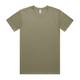 A plain olive green T-shirt with short sleeves and a crew neckline, featuring a label and no visible branding.