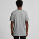 A grey basic t-shirt viewed from the back, featuring short sleeves and a plain design. It has a logo on the side.