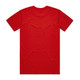 A red T-shirt with a plain back, featuring a logo at the neckline.
